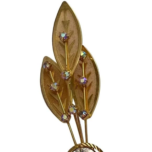 Vintage Jewelry - Vintage 60s-70s Three Mesh Leaf Rhinestone Brooch Pin Gold Tone